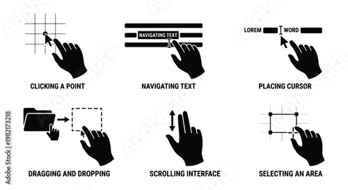 Interactive touch gestures and cursor icons set, black hand silhouettes for navigating text and clicking a point, dragging and dropping vector elements