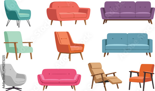 Modern furniture vector set with sofas, armchairs and lounge chairs, stylish home interior seating collection, colorful flat design isolated on white background