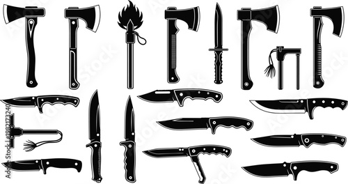 Axe, Knife, Blade, Survival, Tactical, Hunting, Camping, Bushcraft, Tool, Silhouette, Vector, Outdoor, Adventure, Steel, Weapon