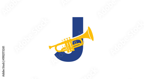 Yellow Trumpet Overlapping Blue Letter J on White Background