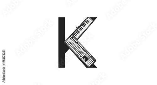 Letter K formed by keyboard and piano keys, music and technology concept