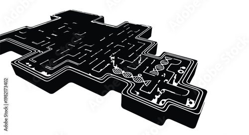 DNA double helix strand navigates through a complex 3D maze structure, representing the challenging process of genetic research, biological discovery, and intricate scientific exploration.