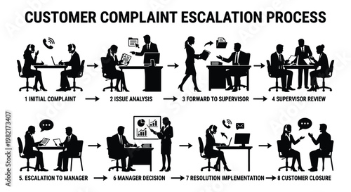 Customer complaint escalation process infographic, business workflow diagram with 8 steps, black silhouette icons for office management and service resolution