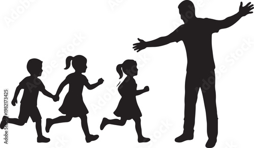Happy family silhouette of father playing with children