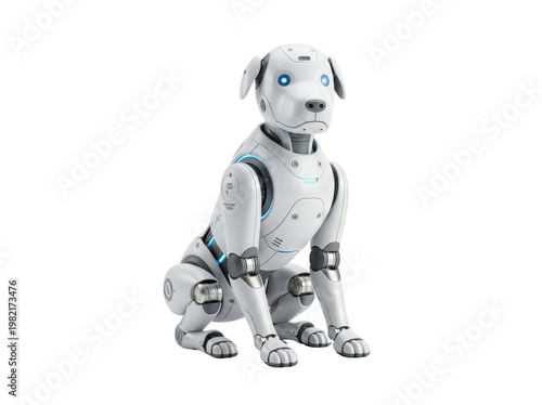 Futuristic Robotic Dog with Sleek Design and Blue Accents Sitting in a Modern Environment