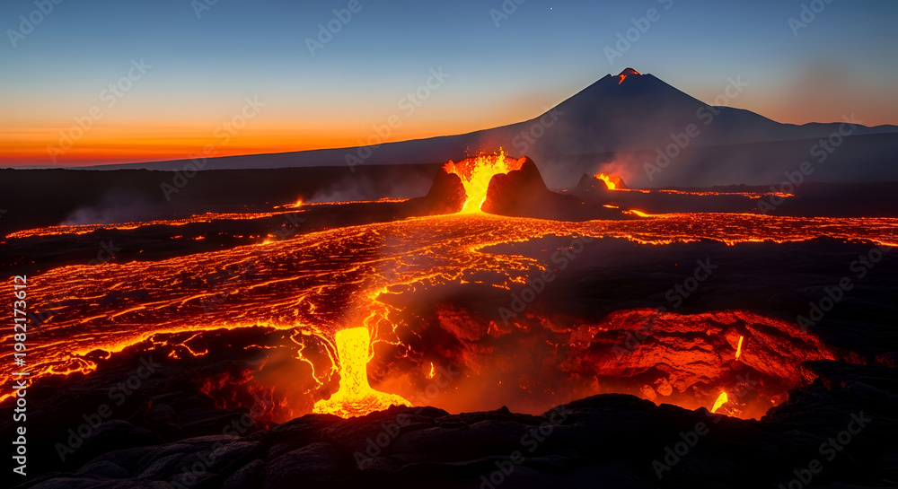 Fototapeta premium Active Volcano Erupting Lava Flow at Sunset - Fiery Landscape Dramatic Sky