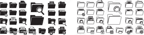 Canvastavla Collection of black and white file folder icons with magnifying glasses and docu