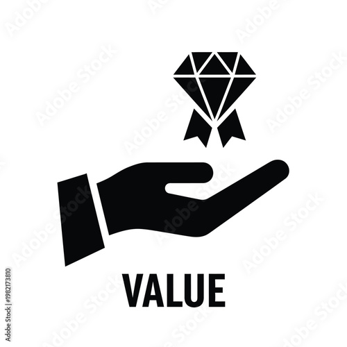 A black and white graphic depicts an open hand presenting a brilliant cut diamond with the word value below high quality