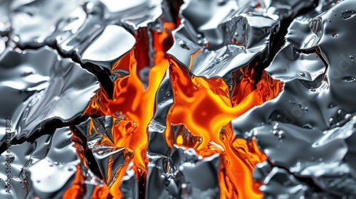 Metallic surface fractured, revealing intense orange glow. Dramatic lighting creates striking contrast, texture prominent.