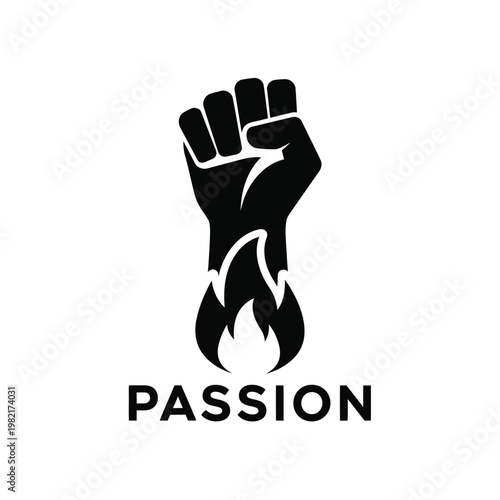 A striking black silhouette of a clenched fist with flames emanating from the wrist alongside the word passion high quality