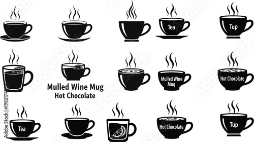 Hot Beverage Icon Set Featuring Tea, Hot Chocolate, Mulled Wine Mug, and Steaming Cup Designs for Winter, Comfort, and Drink Concepts