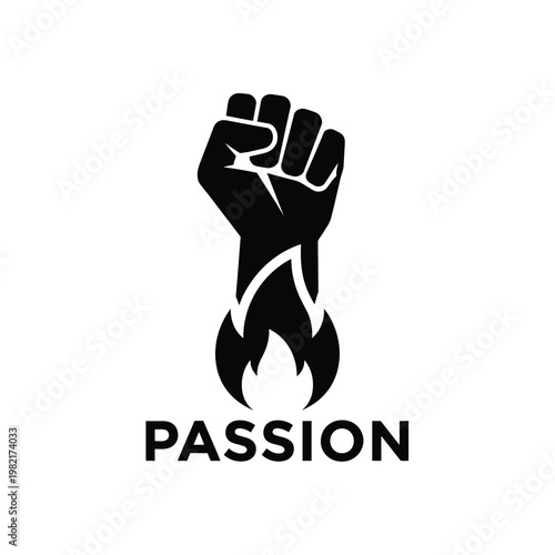 A striking black silhouette of a clenched fist with fiery flames emanating from the wrist labeled passion high quality professional