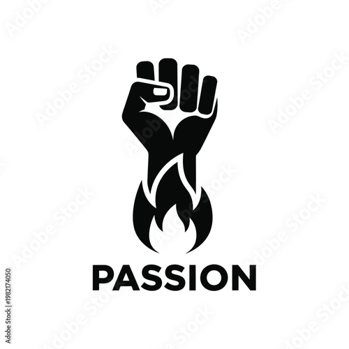 A stark black silhouette of a raised fist with flames emanating from the wrist accompanied by the word passion