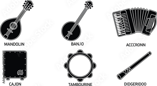Musical Instrument Icon Set Featuring Mandolin, Banjo, Cajon, Tambourine, Accordion, and Didgeridoo for Music, Performance, and Sound Design Concepts