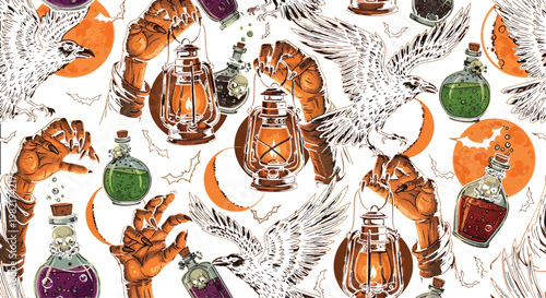 Witch hands hold vintage lanterns while surrounded by flying ravens and mystical potion bottles in a magical Halloween pattern.