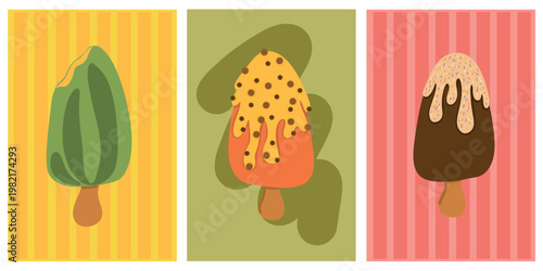 Three bright ice cream posters. Collection of modern ice cream wall art. Set of three bright popsicle posters in flat cartoon style. Colorful ice cream illustrations with different flavors and topping