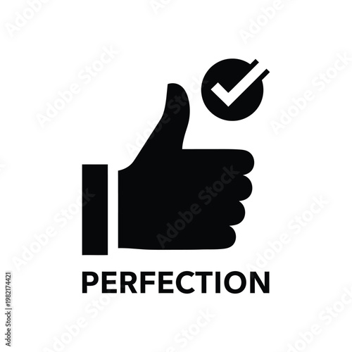 A simple black and white graphic depicts a hand giving a thumbs up sign with a checkmark above it high quality professional detailed
