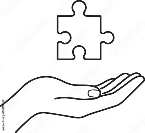 Open hand offering a puzzle piece thin line vector icon signifying support contribution solution and approach