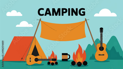 A serene camping scene with tent, guitar, campfire, and mountains in a natural landscape at dusk.