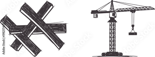 Stylized dark grey construction crane lifting a load and abstract cross shape