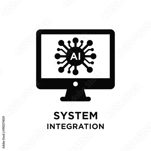 A black computer monitor displays a stylized virus like symbol with ai inside illustrating system integration concepts high quality professional detailed