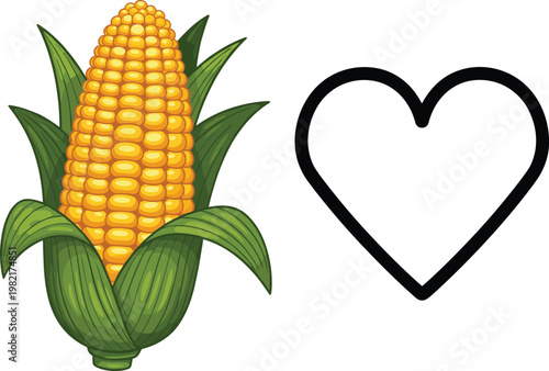 Fresh Corn Vegetable Icon with Green Husk and Heart Symbol for Healthy Eating, Organic Farming, Agriculture, Nutrition, Food Illustrations, and Digital Designs