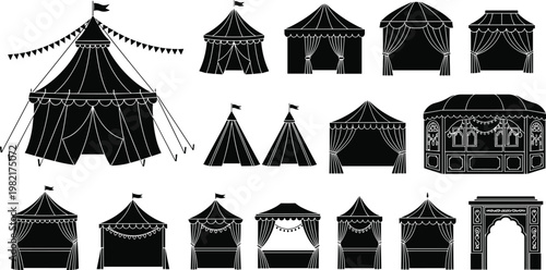 Collection of Circus Tent Silhouettes and Carnival Booth Icons Including Big Top Marquees Festival Canopies and Fairground Stalls Isolated on a White Background