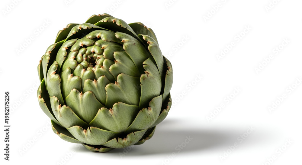 Obraz premium Fresh green globe artichoke head isolated on a white background showcasing natural texture and intricate layers of delicious edible vegetable