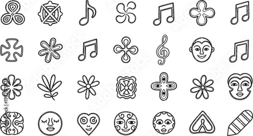 Collection of diverse hand drawn black and white icons musical notes masks flowers and symbolic shapes
