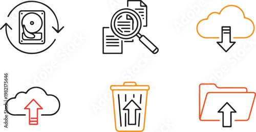 Line icons of cloud and computer data management and storage  file transfer and backup