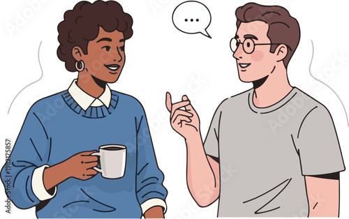 Photos A cartoon illustration of two people having a conversation with a speech bubble