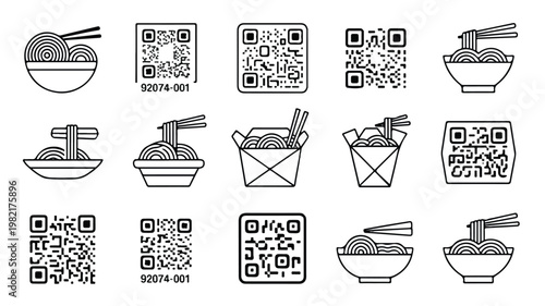 A set of 20 black and white line art icons depicting food, bowls, chopsticks, and QR codes for menu ordering or restaurant services.