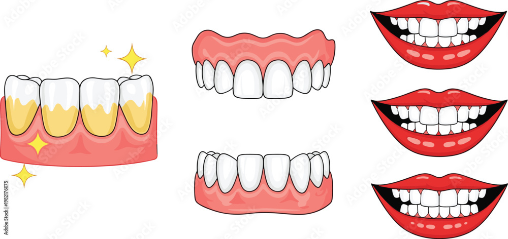 Obraz premium Cute Mouth and Smile Cartoon Icons Set with Teeth Lips and Facial Expressions Emoji Style Illustration Collection for Kids Design and Dental Projects