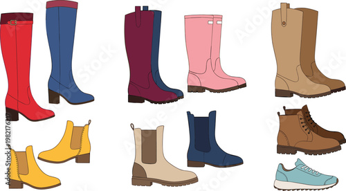 Women boots vector set with stylish knee high, ankle and casual footwear, trendy female shoes collection, modern fashion illustration isolated on white background