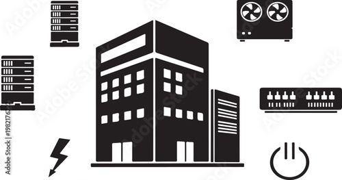 Server room data center equipment icons with building and power symbols