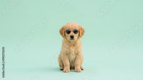 Adorable Golden Retriever Puppy Wearing Sunglasses on Mint Background