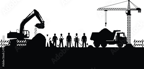 Silhouette of Construction Site with Professional Workers Team Engineers Heavy Machinery Excavator Truck and Tower Crane Working on Industrial Building Project Area Background
