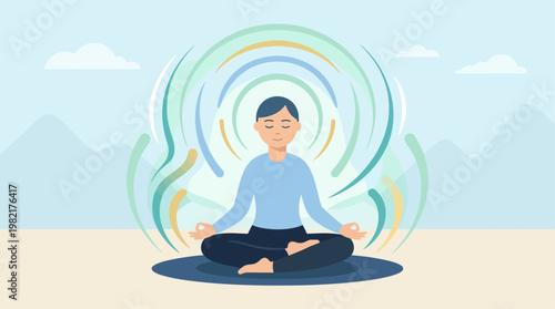 This flat design illustration portrays a calm individual practicing mindfulness meditation, symbolizing inner peace and effective stress relief.