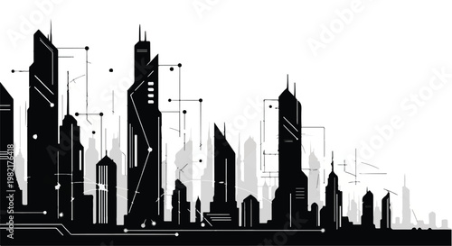 Skyscrapers and modern buildings rise against a horizon line, integrated with digital circuit line patterns that symbolize the smart city infrastructure, urban technology, and connectivity.