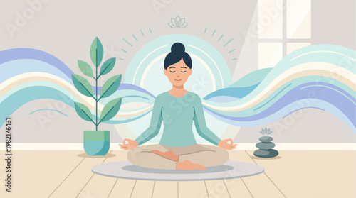 This flat design illustration portrays a calm individual practicing mindfulness meditation, symbolizing inner peace and effective stress relief.