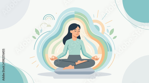 This flat design illustration portrays a calm individual practicing mindfulness meditation, symbolizing inner peace and effective stress relief.