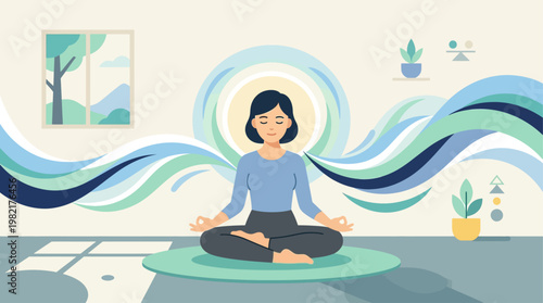 This flat design illustration portrays a calm individual practicing mindfulness meditation, symbolizing inner peace and effective stress relief.