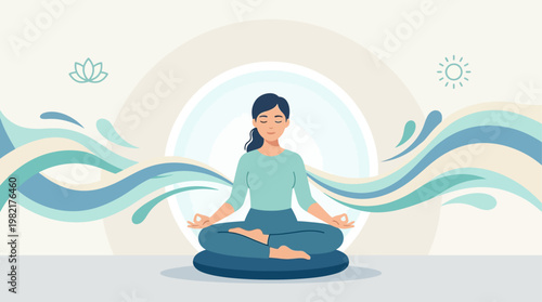 This flat design illustration portrays a calm individual practicing mindfulness meditation, symbolizing inner peace and effective stress relief.