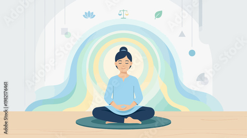 This flat design illustration portrays a calm individual practicing mindfulness meditation, symbolizing inner peace and effective stress relief.