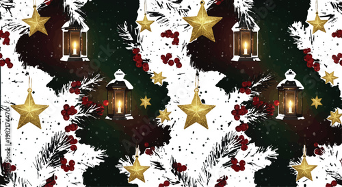 Lanterns and golden stars shine brightly against a dark background of snowy pine branches and red berries.