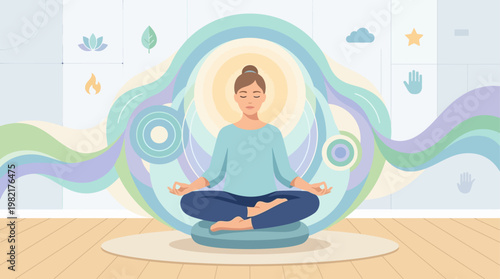 This flat design illustration portrays a calm individual practicing mindfulness meditation, symbolizing inner peace and effective stress relief.