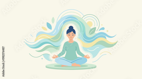 This flat design illustration portrays a calm individual practicing mindfulness meditation, symbolizing inner peace and effective stress relief.