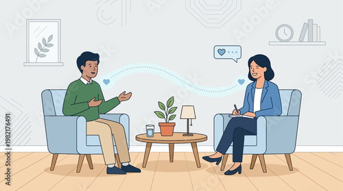A flat design illustration showing a therapist and client in a supportive conversation, symbolizing professional mental health care and counseling.