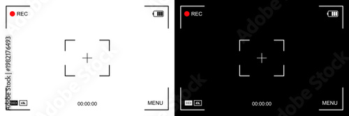 Photo or video camera viewfinder display screen frame, camera interface overlay shows information indicators, dark and light mode recording