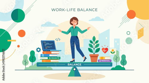 This flat design illustration depicts a person effectively balancing work and personal life elements, highlighting the importance of equilibrium for mental well-being